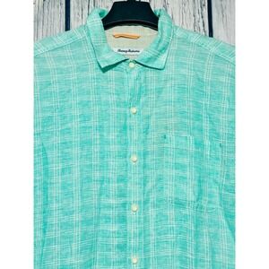 Tommy Bahama Ventana Plaid Linen Shirt Men's Large‎ L Turquoise Cabbage NWT
